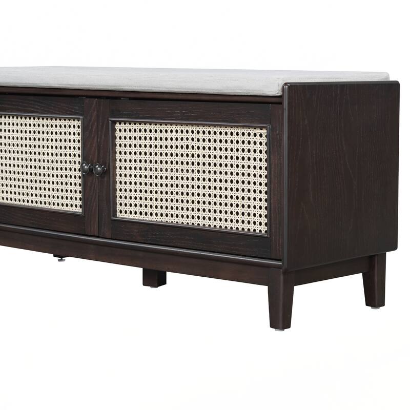 Rattan Entryway Bench with Storage, Cushioned Shoe Bench with Double Doors