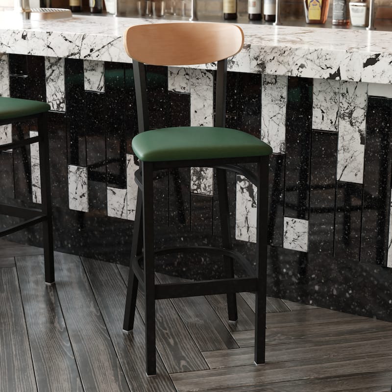 Commercial Metal Barstool with Wood Seat and Boomerang Back
