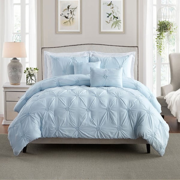 Home Essential Stylish Extra Plush Ultra Soft 3D Hand Embroidered Floral Pintuck Bedding Comforter Set - Baby Blue - Queen