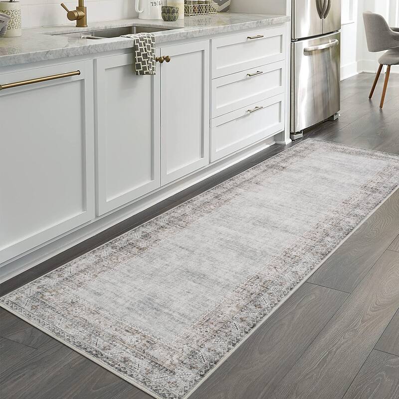 Vintage Bordered Area Rug Washable Area Rug Non-Slip Low Pile Throw Carpet for Living Room Bedroom Dining Room