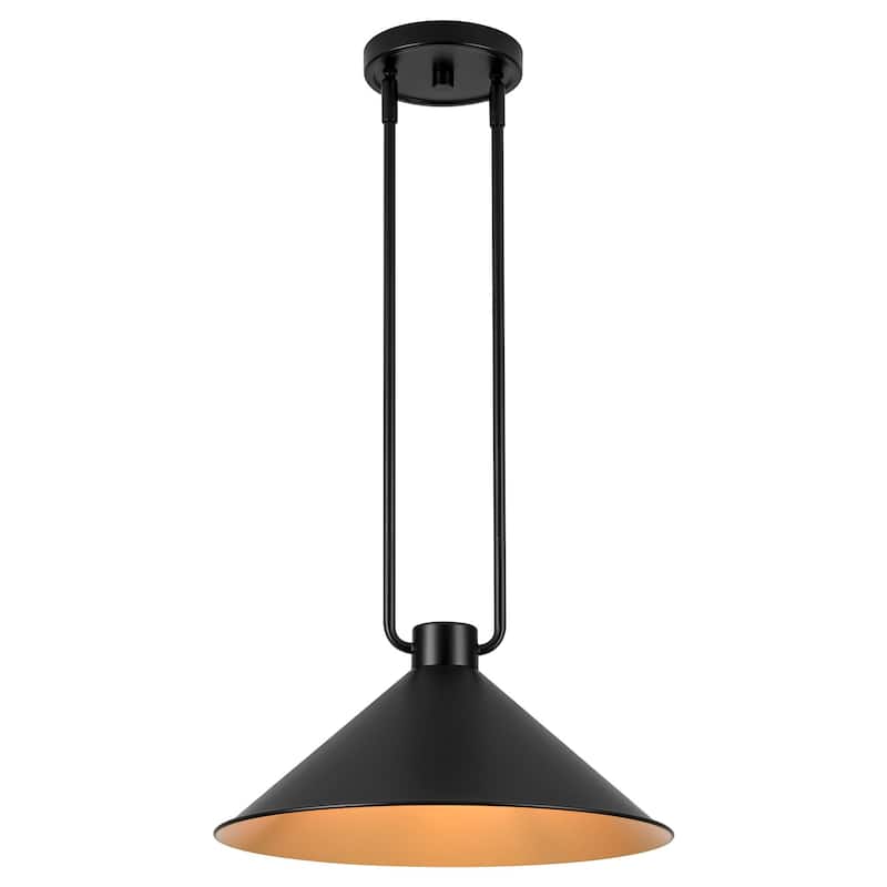 1-Light Vintage Industrial Black and Gold Interior Metal Cone Pendant Light with Adjustable Rods - 15.75 in. W x 7.48 in. H