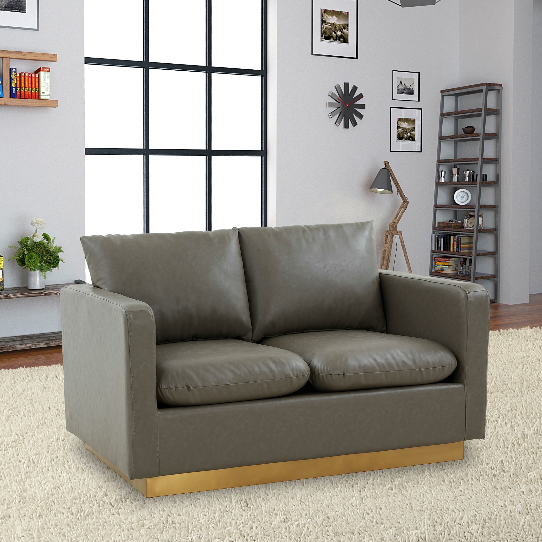 Nervo Loveseat 2-seater Modern Sofa With Leather Gold Accent Base Wooden Frame Removable Cushions for Office Lounge Living Room