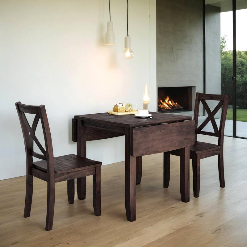 3-Piece Wood Drop Leaf Breakfast Nook Dining Table Set with 2 X-back Chairs for Small Places - Espresso