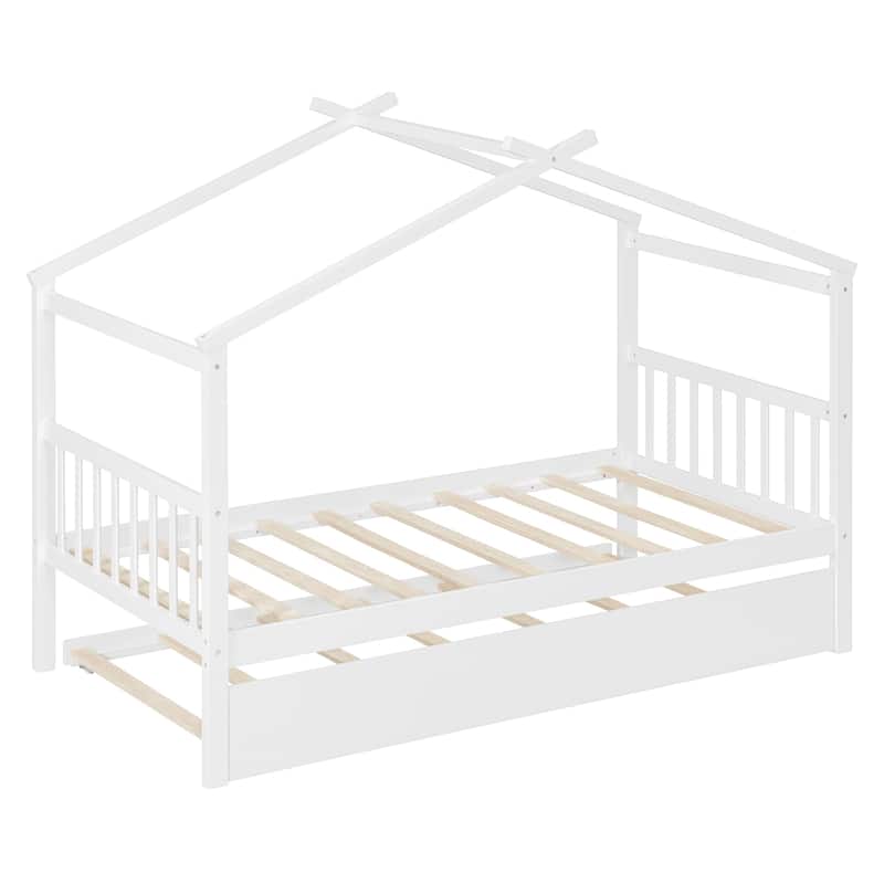 Twin Size Wooden House Bed with Pull-Out Trundle, White
