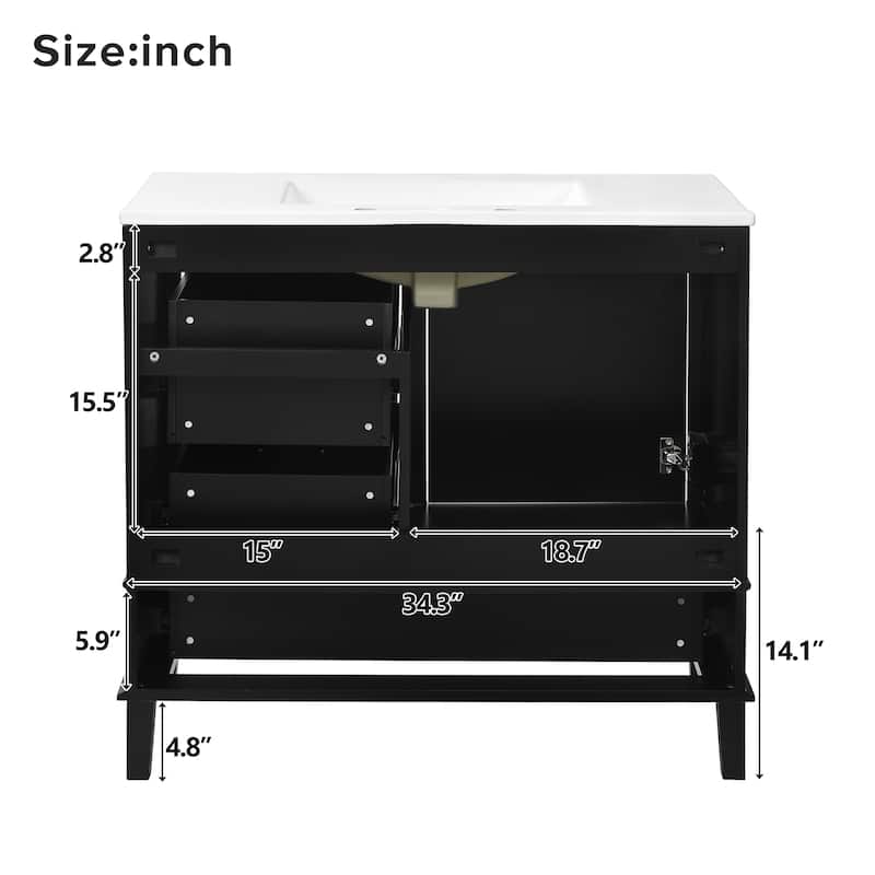 Roomfitters 36" Bathroom Vanity with Solid Pine Frame, 1 Soft Close Door and 3 Drawers, Modern Storage Cabinet
