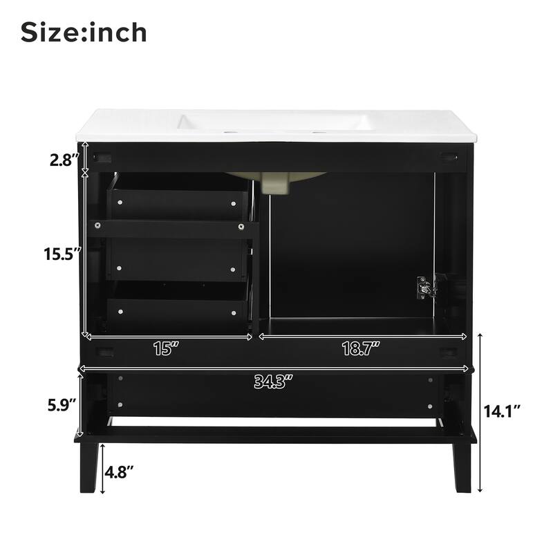 Simple Freestanding Bathroom Vanity Storage Cabinet with 3 Drawers of Different Sizes, Soft Close Door and Metal Handles