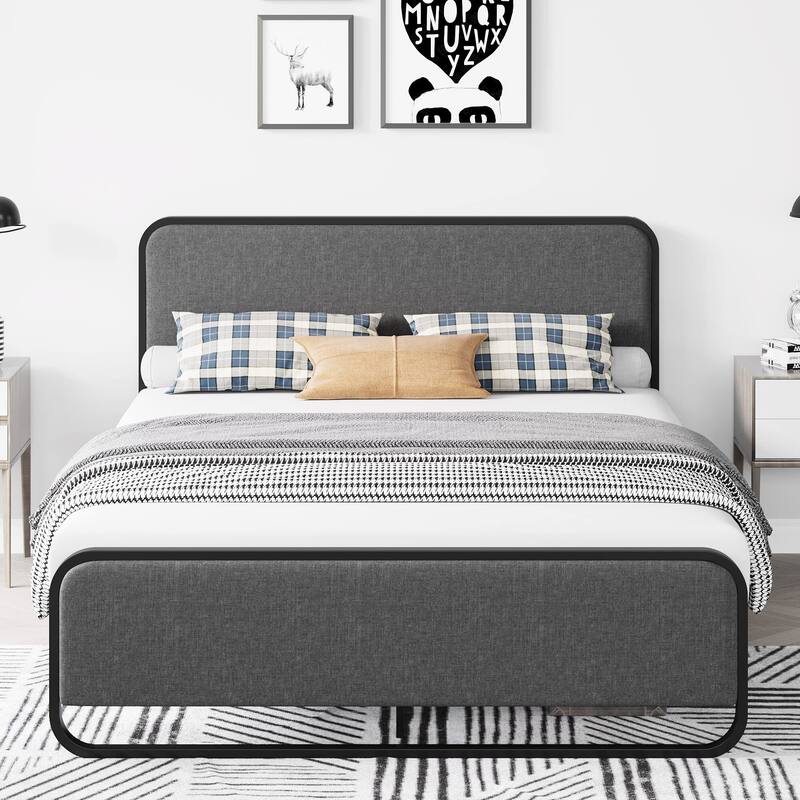 Bed Frame with Upholstered Headboard and Footboard - Grey1 - Queen