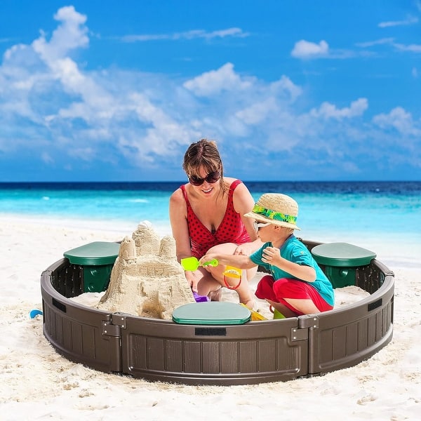 slide 2 of 8, Outsunny Kids Sandbox with Cover and Seats, Round Sandbox for Ages 3-12, Brown - 48.5" x 48.5"x 8.25"