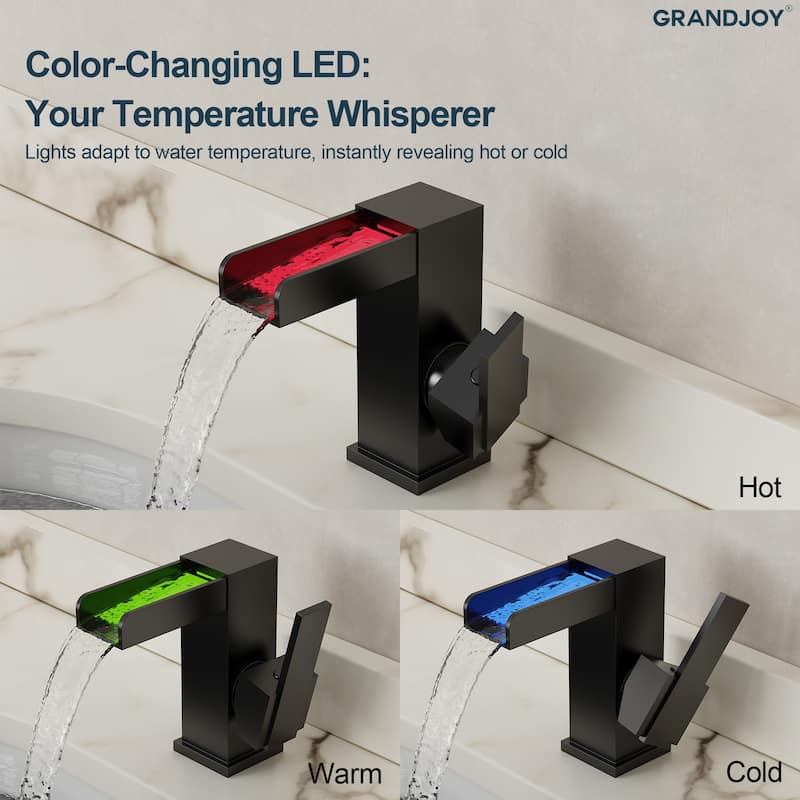 GRANDJOY LED Waterfall Bathroom Sink Faucet with Drain Assembly, Single Handle Vanity Fixture