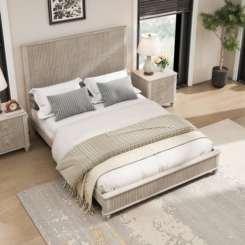 Solid Wood Bed Frame with Headboard - Beige - Queen