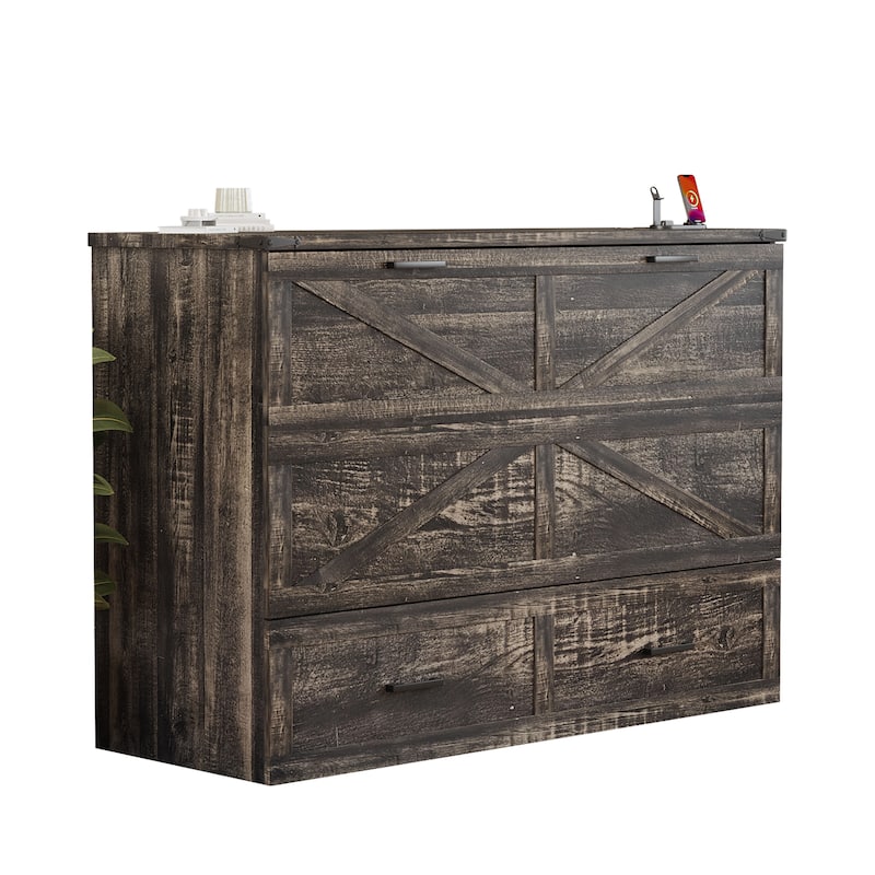 Murphy Bed with Storage&Charging Station/Queen Murphy Cabinet Bed with Large Drawer/Pull out Platform Bed/Mattress Not Included