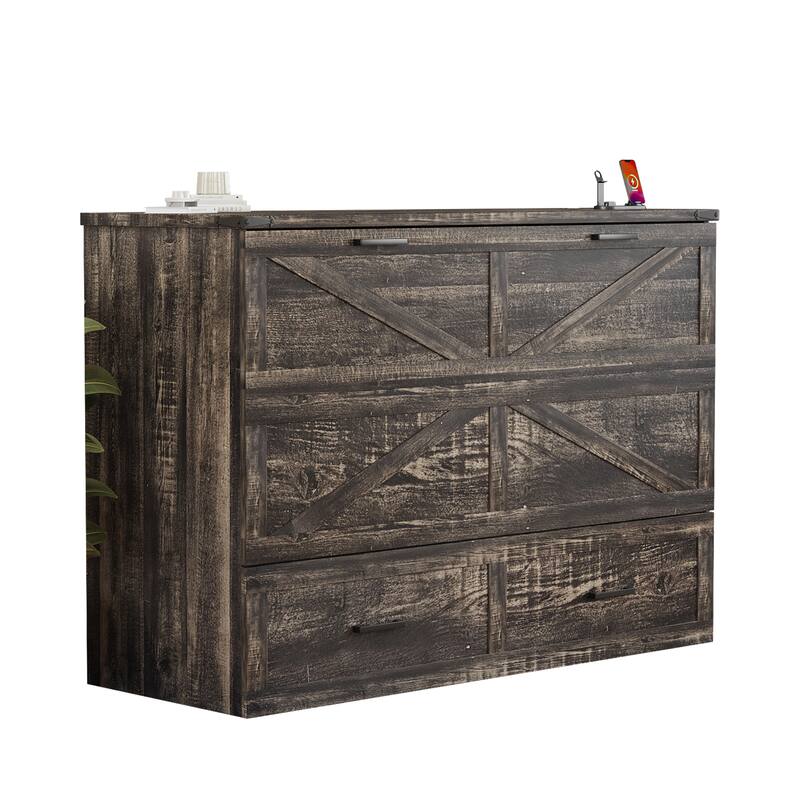 Queen Murphy Bed with Charging Station,Farmhouse Murphy Cabinet Bed with Large Storage Drawer,Hideaway Foldable Platform Bed