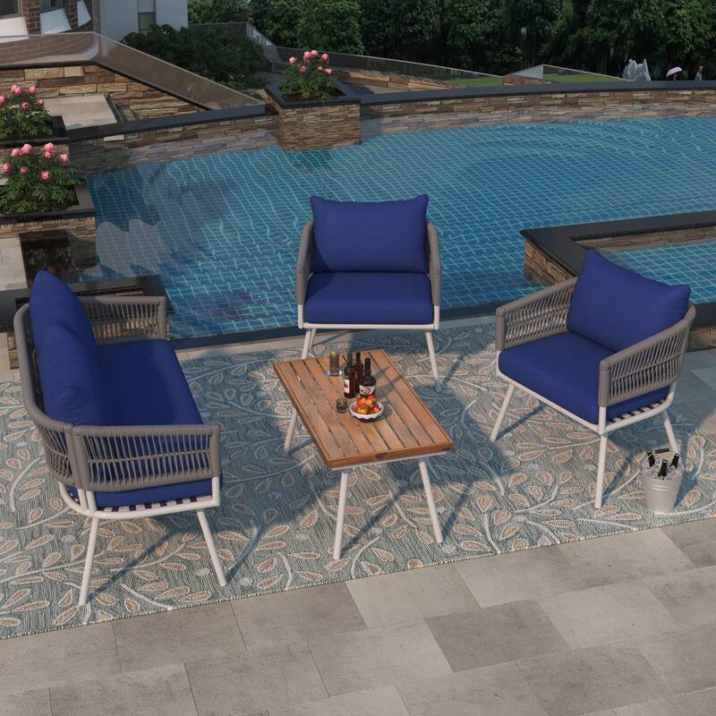 4-Piece Boho Sling Patio Conversation Set Outdoor Seating Set with Gray Cushions and Acacia Wood Coffee Table