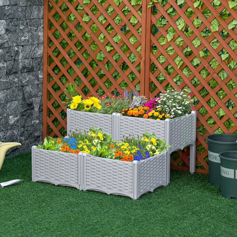 Outsunny 4-Piece Rattan Raised Garden Beds Outdoor Planter Boxes with Different Stacking Arrangements, Self-Watering Design - Grey