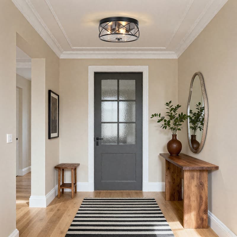 Raretta Modern Farmhouse Black 3-Light Drum Flush Mount Glass Ceiling Light - D13" x H6"