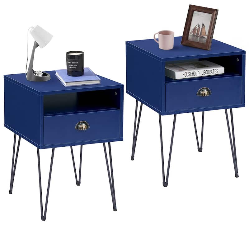 Taomika 2-Piece 1-Drawer Nightstand Set with Drawer Compact Open Shelf Bedside Table for Saving Space(Set of 2 ) - Dark Blue