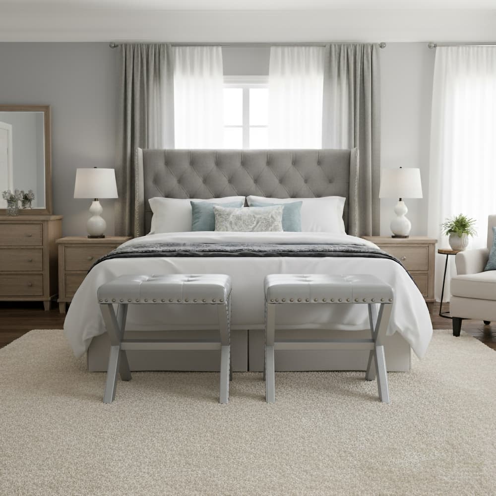 Modern Chic Vanity Stool X-Base Ottoman With Nailhead Trim (Set of 2)