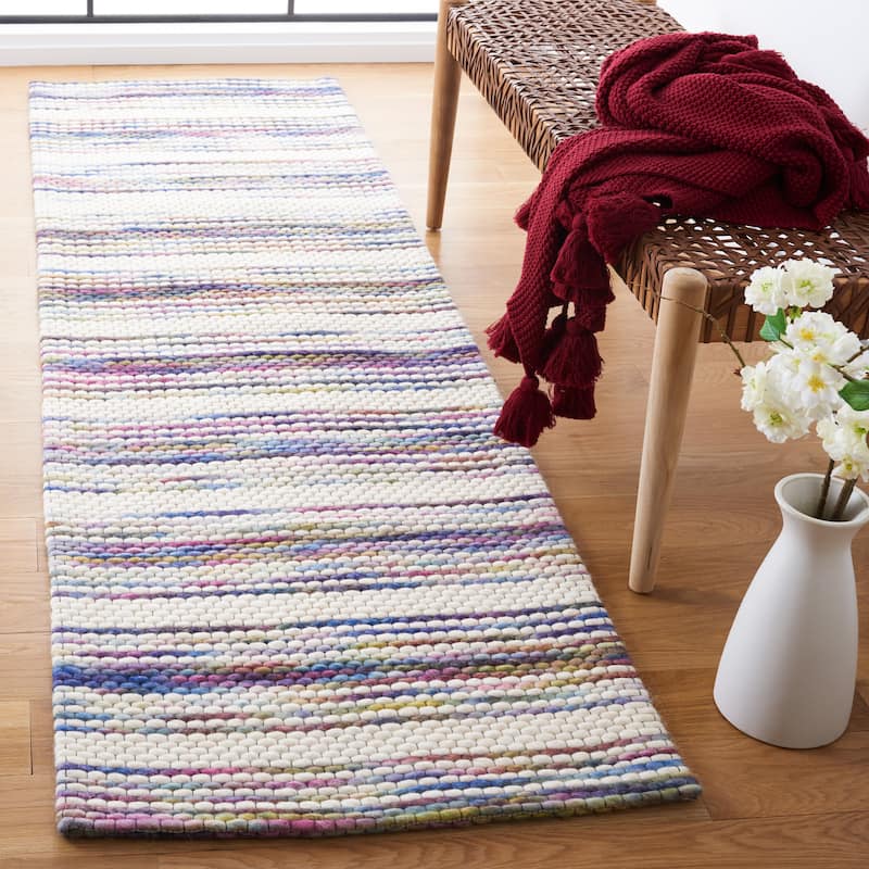 SAFAVIEH, Handmade Marbella Grit Wool Rug - 2'3" x 8' Runner - Ivory/Blue
