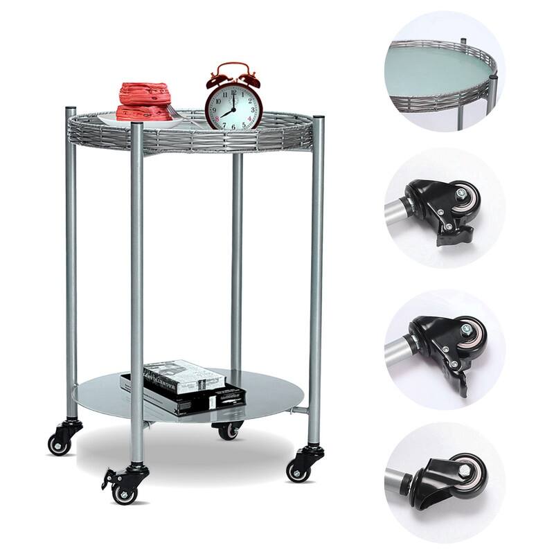 Silver Gray Rolling Coffee Table - 2-Tier Mobile Side Table with Wheels for Living Room, Bedroom & Small Spaces