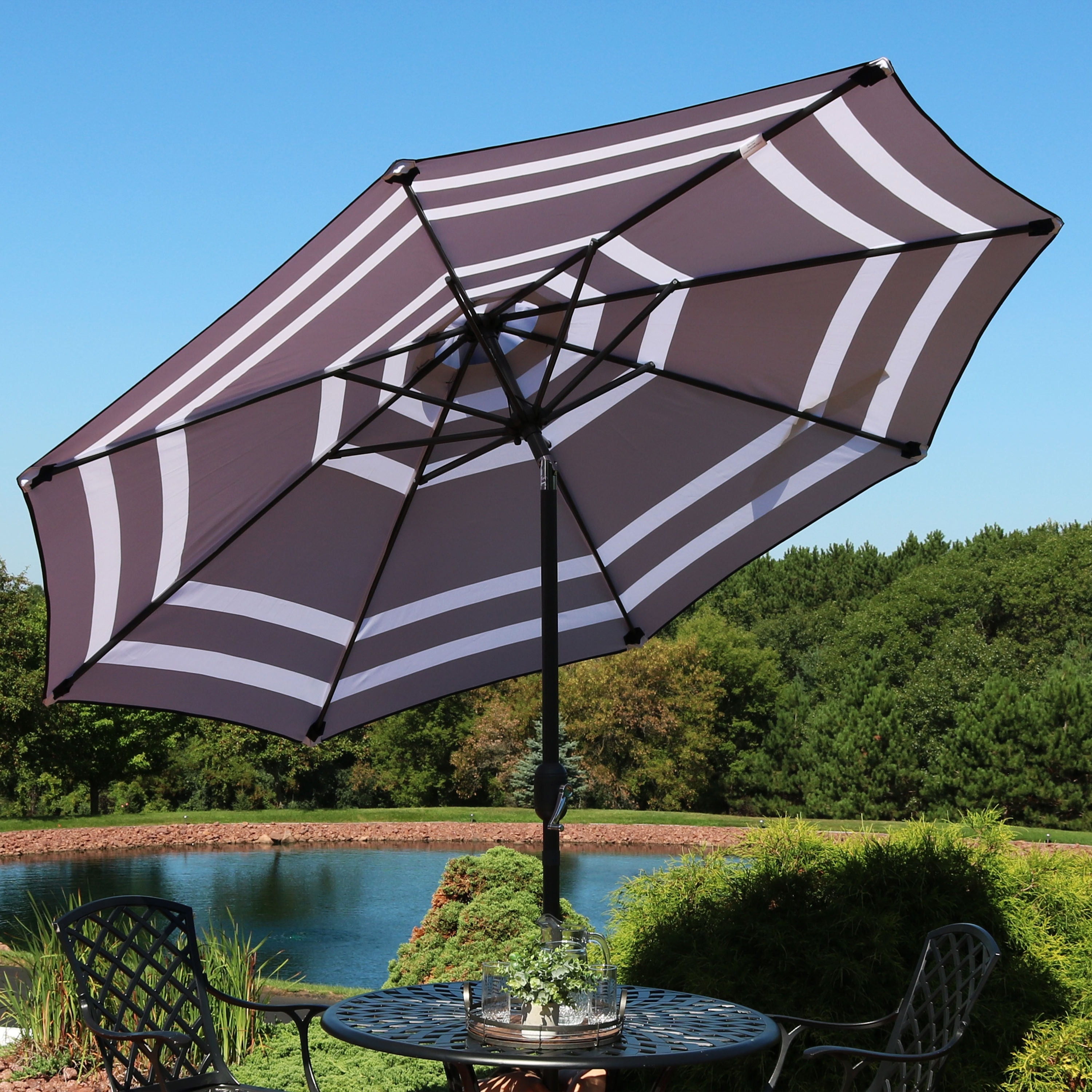 Sunnydaze Aluminum 9' Outdoor Patio Umbrella with Tilt and Crank - Navy Blue Stripe