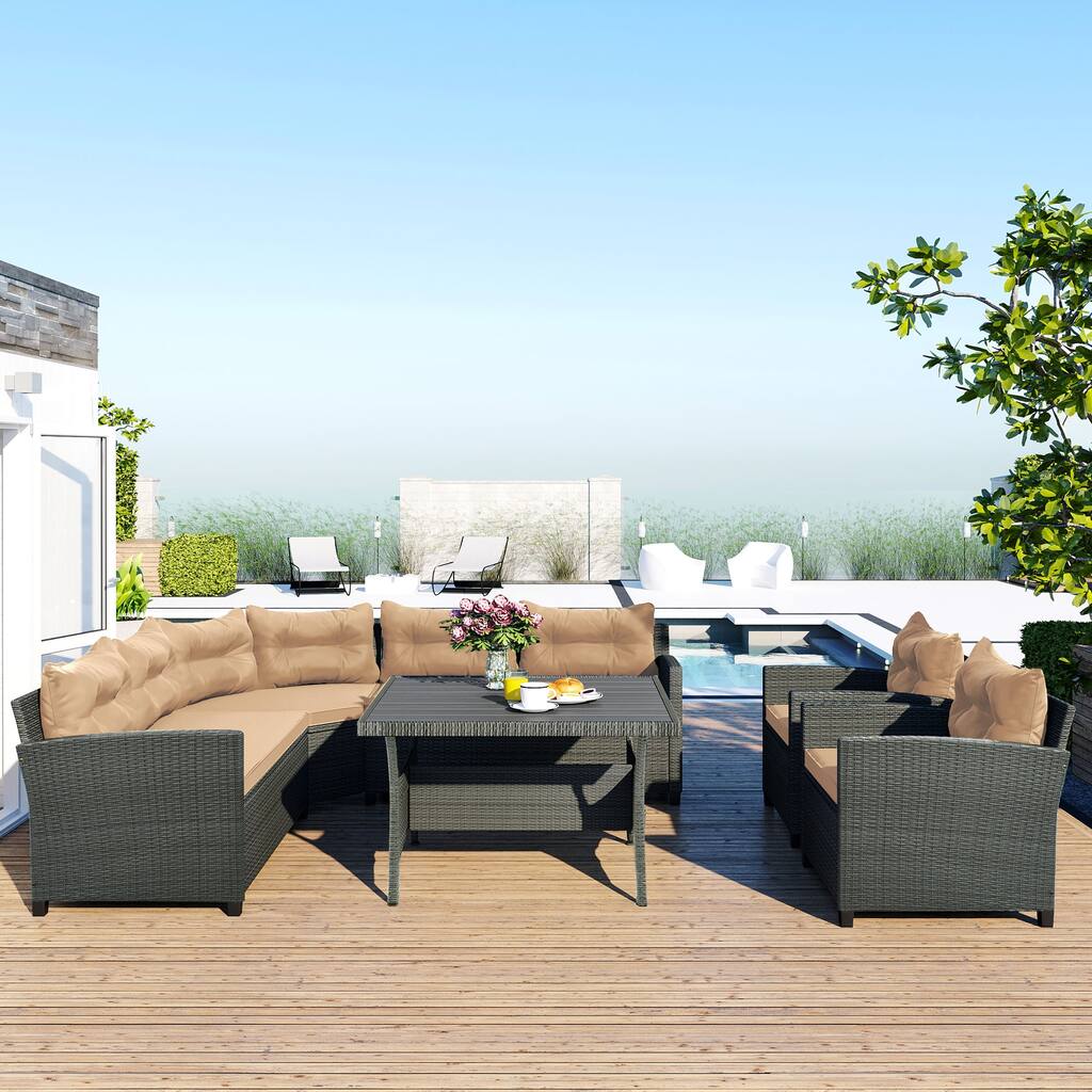 Beige Elegant 6-Piece Outdoor Patio Rattan Dining Wicker Sectional Sofa Set with Plywood Table