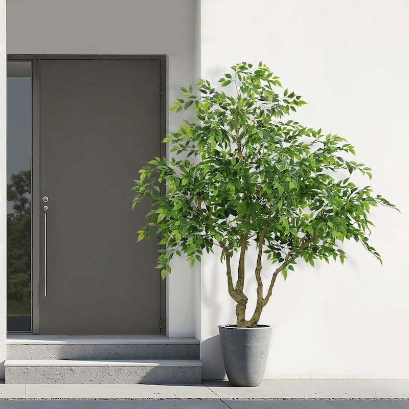 7ft Tall Artificial Banyan Tree With Natural Trunk And Realistic Silk Leaves, Large Imitation Potted Green Plant, 1pc/Set