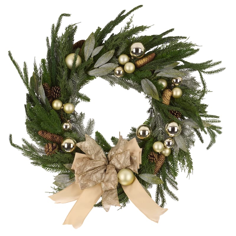 SAFAVIEH Home Faux 28-inch Pine Needle Wreath With Ornaments And Ribbon & Pine Cone