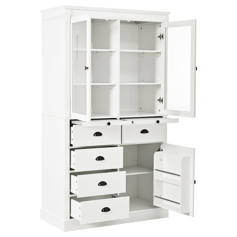 72''H Kitchen Pantry, Display Storage Cabinet with Glass Doors and Drawers, Serving Trays and Shelves