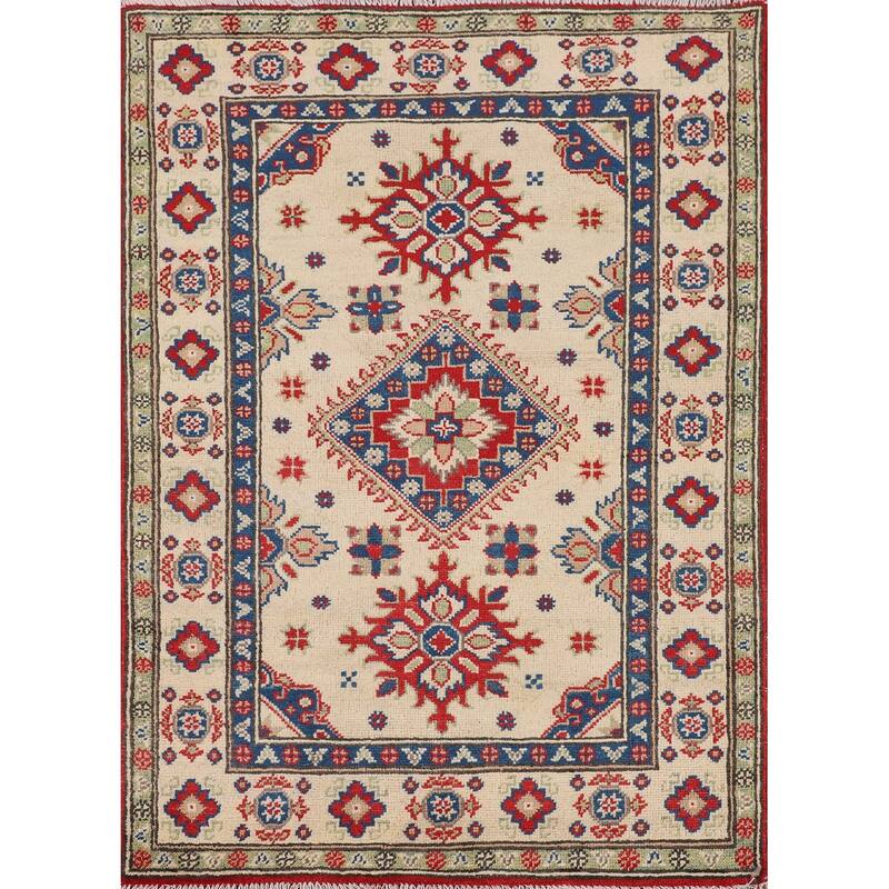 Geometric Beige Kazak Oriental Accent Rug Handmade Beige Wool Carpet - 2'11" x 4'0"