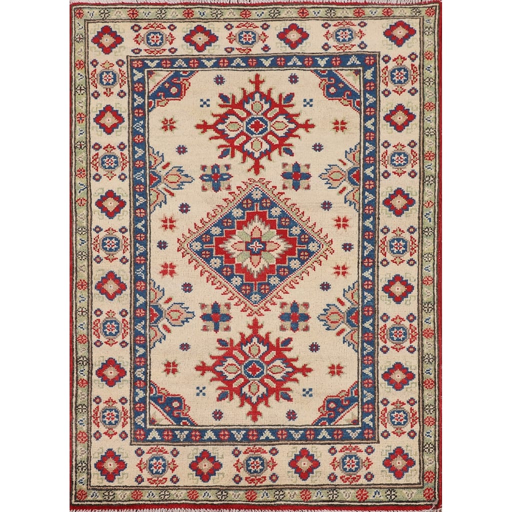 Geometric Beige Kazak Oriental Accent Rug Handmade Beige Wool Carpet - 2'11" x 4'0"