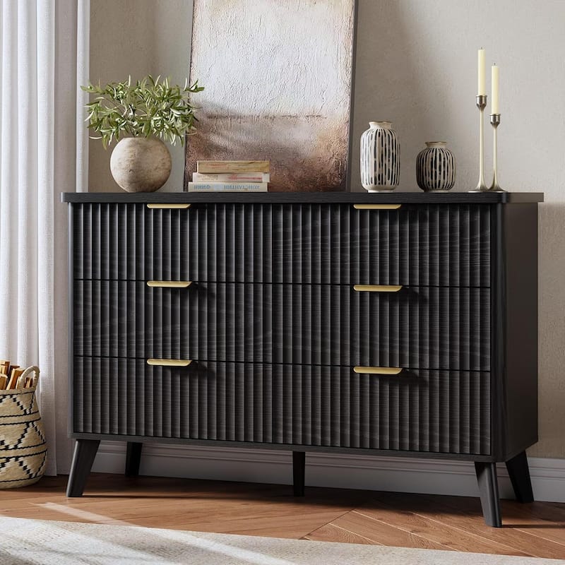 Modern Fluted 6 Drawers Dresser TV Stand for Living Room, Bedroom - Black