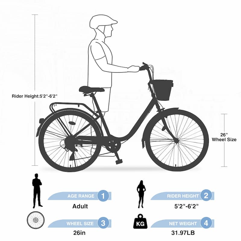 26 Inch Road Cycling Bicycle, Shimano 7 Speed City Bike with Basket and Dual V-Brake, Low Step-Thru Steel Frame for Teens