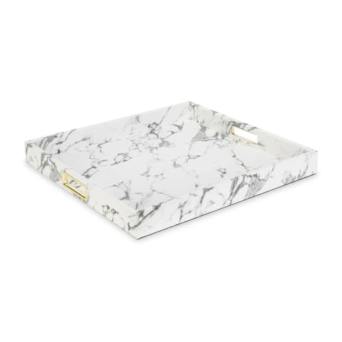 White Marble Tray With Stainless Steel Handles - 18" x 18"