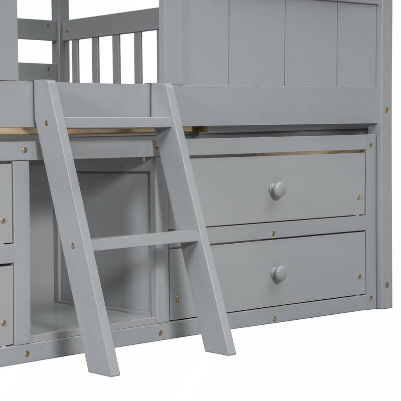 Full Size House Loft Bed with 4 Storage Drawers and Safety Guardrails