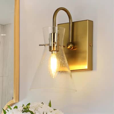 Liniya Modern Brass Gold 1-light Wall Sconces Horn Seeded Glass Dimmable for Bathroom - Brass Gold - L 5.5" x W 6.7" x H 10"