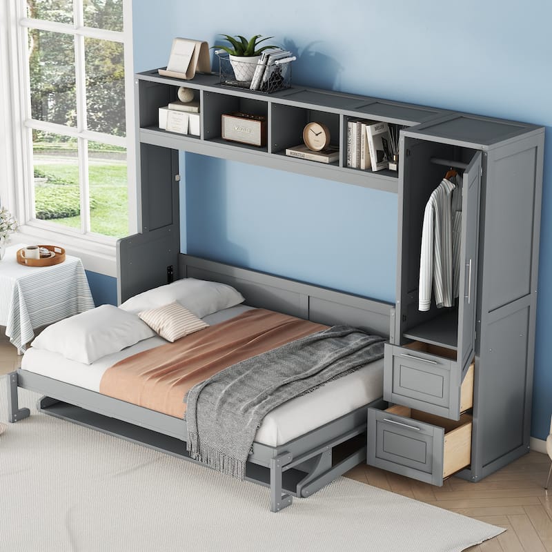 Full/Queen Smart Murphy Bed with Wardrobe & Storage, Space-Saving System