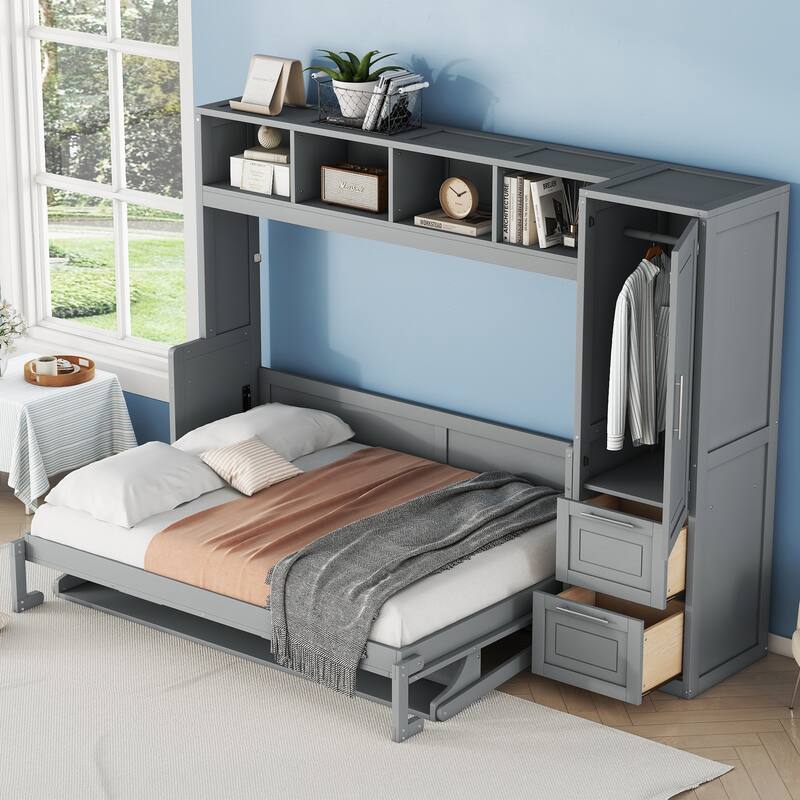Multifunctional Murphy Bed with Top Shelf, Wardrobe, Drawers and Rack