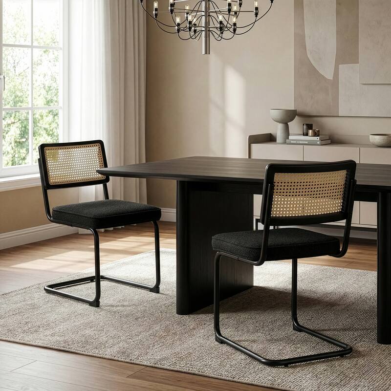 Set of 2 Aziel Black Boucle Dining Chair with Rattan Backrest and Black Iron Legs