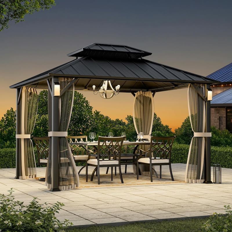 Permanent Hardtop Gazebo 10' x 12' with 4 LED Lights, Grill Gazebo with Galvanized Steel Double Roof, Mosquito Nettings, Black