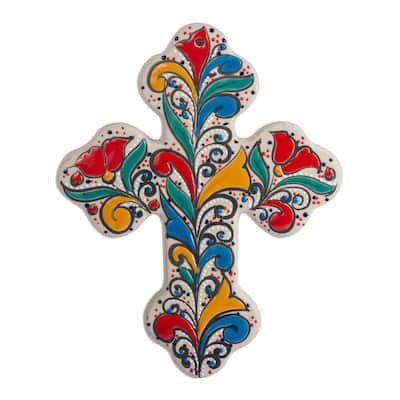 Novica Handmade Flourishing Faith Ceramic Wall Cross (8 Inch)