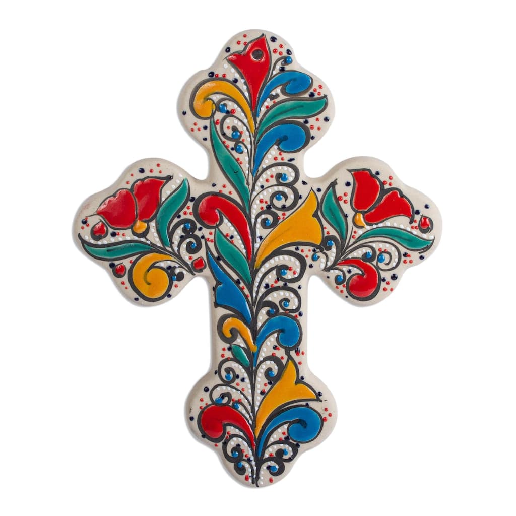 Novica Handmade Flourishing Faith Ceramic Wall Cross (8 Inch)