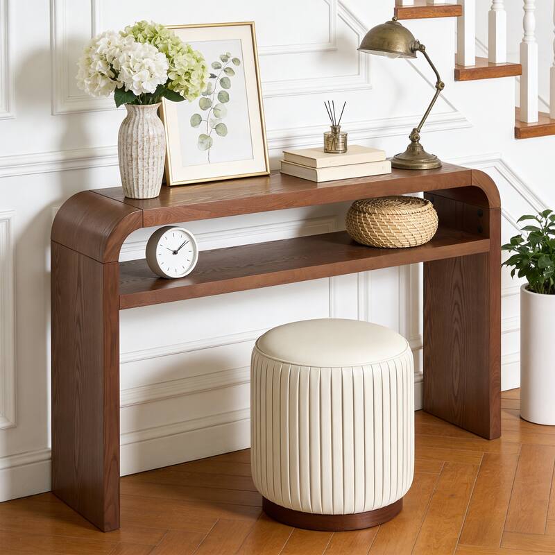 59.4" 2-Tier Curved Long Console Table with Solid Oak Wood Veneer - 59.45"L x 13.78"W x 32.87"H - Walnut