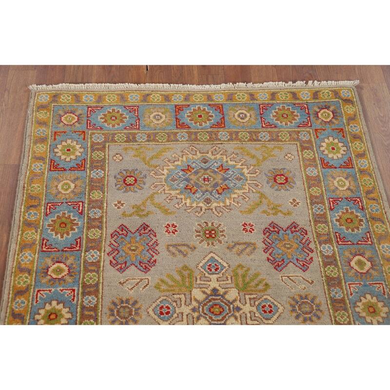 Geometric Red Kazak Accent Rug Hand-Knotted Wool Carpet - 3'2" x 4'8"