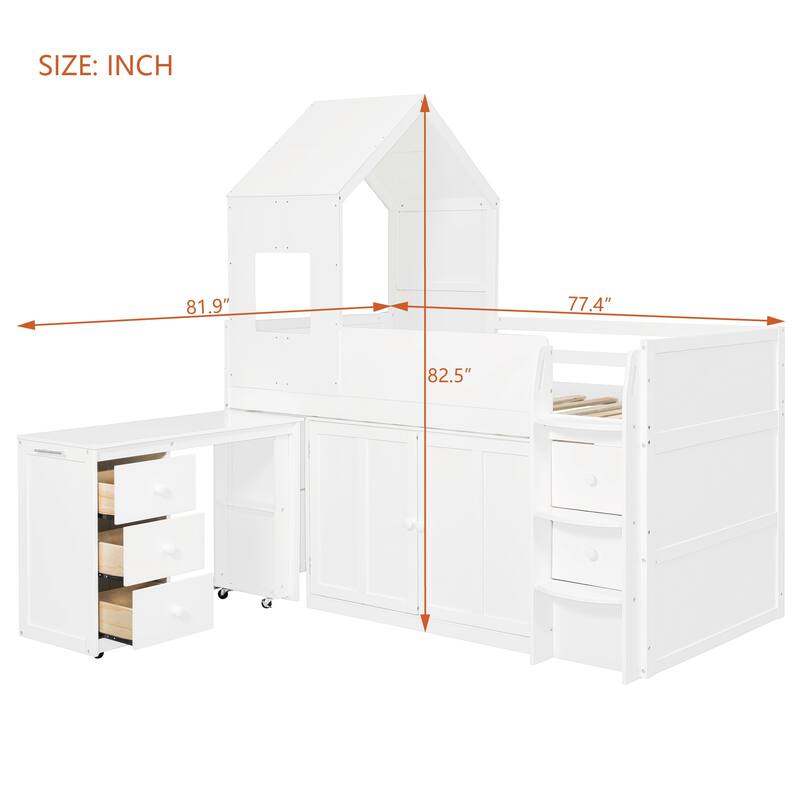 Twin Wooden Loft Bed with Rolling Desk, Storage Drawers and Cabinets, House Style Kids Loft Bed with Stairs