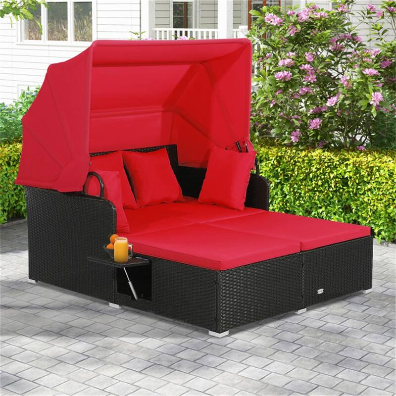 Rattan Daybed Lounge with Retractable Canopy and Side Tables - 65" x 60.5 x 58.5"