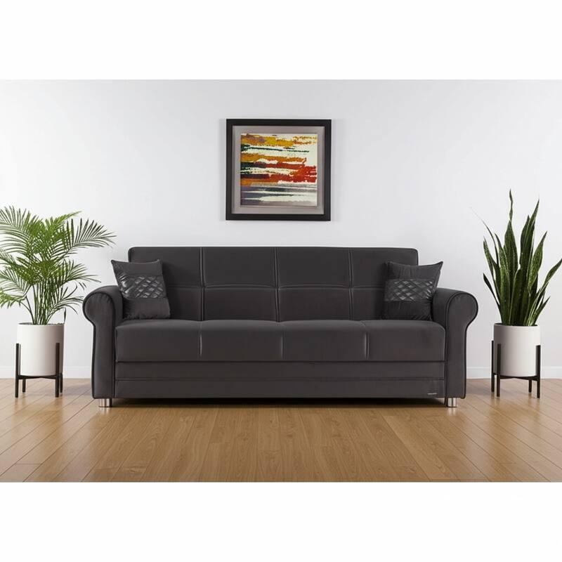 HomeRoots 89" Black Microfiber Convertible Futon Sleeper Sofa And Toss Pillows With Storage - Black