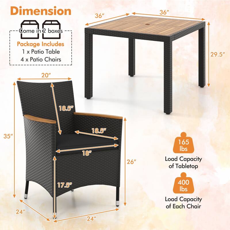 5-Piece Outdoor Patio Furniture Set with PE Rattan Chairs and Acacia Wood Table Included Cushions - Table: 36" x 36" x 29.5"