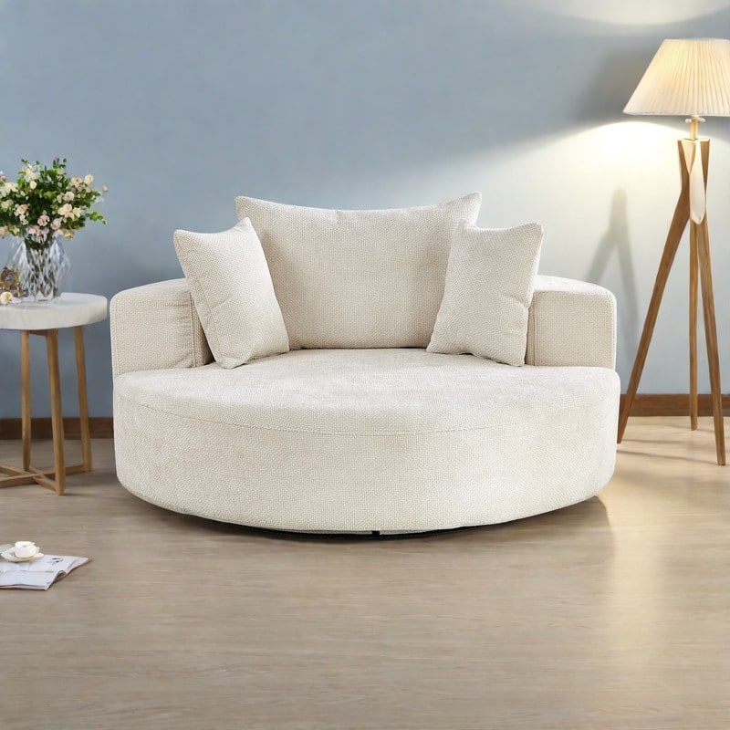 Chenille 360° Swivel Lounge Chairs with Fluffy Foam Cushion and Adjustable Backrest Pillow - Beige