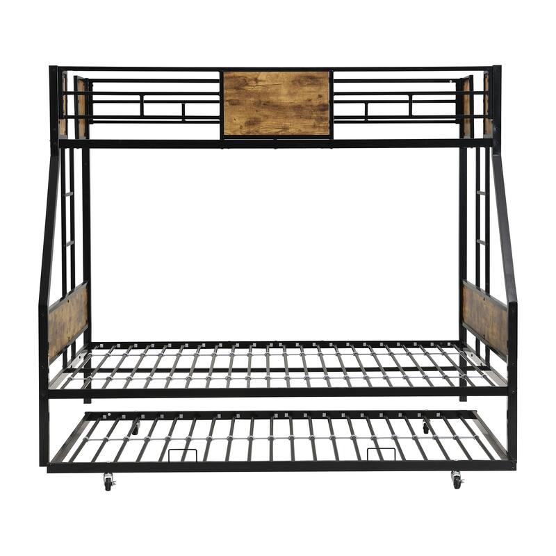 Full Over Full Bunk Bed with Trundle, Heavy Duty Metal Bed Frame with Full-Length Guardrails and 2 Ladder, No Box Spring Needed