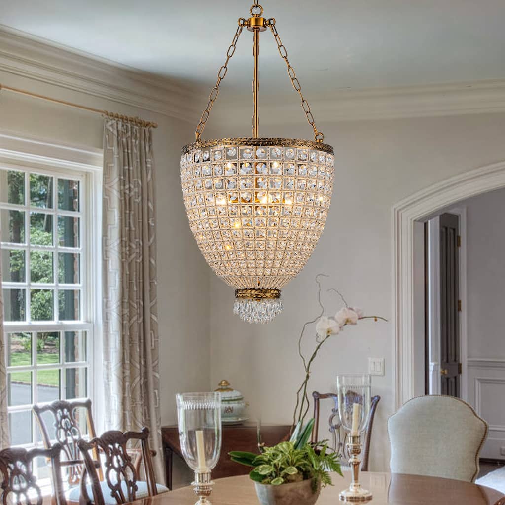 Vintage 4-Light Antique Gold Basket Chandelier with Crystal Accents for Dining Room, Living Room, and Foyer - Antique Gold